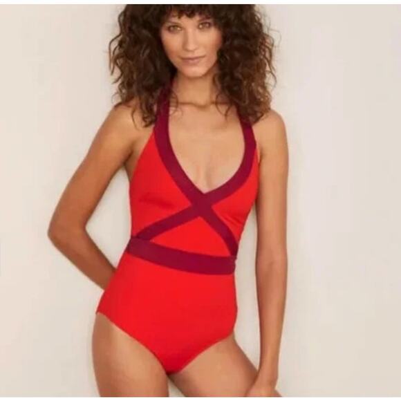 Boden Other - Boden Kefalonia One Piece Halter Swimsuit Swim Red Purple Womens 6L 6 Long Tall